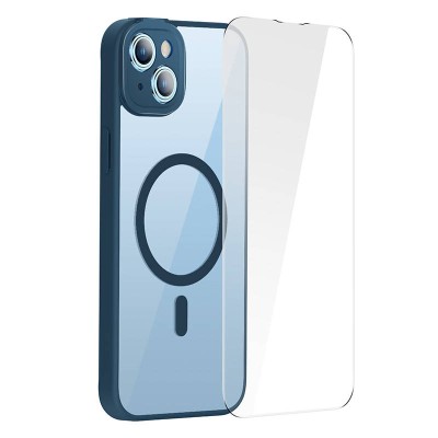 Baseus Frame iPhone 14 Plus Átlátszó mágneses tok + üvegfólia (kék)