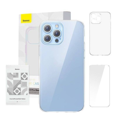 Baseus Crystal Clear Telefon tok iPhone 13 Pro Max-hoz (Áttetsző) + Edzett üveg kijelzővédő fólia + Tisztító készlet