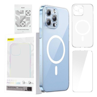 Baseus Crystal Clear mágneses telefontok iPhone 13 Pro-hoz (Átlátszó), Edzett üveg kijelzővédő fólia + Tisztító készlet