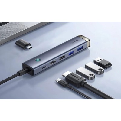 Baseus Ultra Joy Series 6-Port HUB AIR, USB-C - HDMI, USB3.0x2, USB2.0, C3.0, PD, 4K@30Hz (szürke)