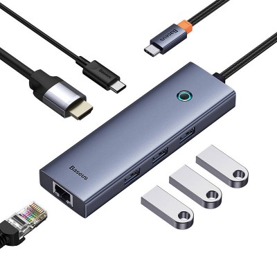 Baseus UltraJoy 6 az 1-ben hub, 6-Port, USB-C - 1xHDMI4K@30Hz, 3xUSB 3.0, 1xPD, RJ45