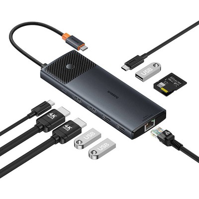 Baseus Adapter Hub 10 az 1-ben USB-C - 2xHDMI, 3xUSB-A, USB-C, RJ45, SD/TF, PD (fekete)