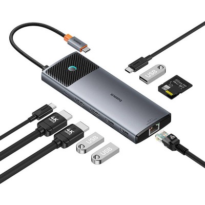 Baseus Adapter Hub 10 az 1-ben USB-C - 2x HDMI, USB-C, 3xUSB-A, RJ45, SD/TF, PD (szürke)