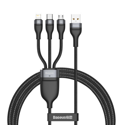 Baseus Flash Series 3 az 1-ben USB-kábel, USB-C + micro USB + Lightning, 40 W, 5 A, 1,2 m, fekete
