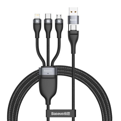 Baseus Flash Series 3 az 1-ben USB-kábel, USB / USB-C - USB-C + mikro USB + Lightning, 100 W, 1,2 m, fekete