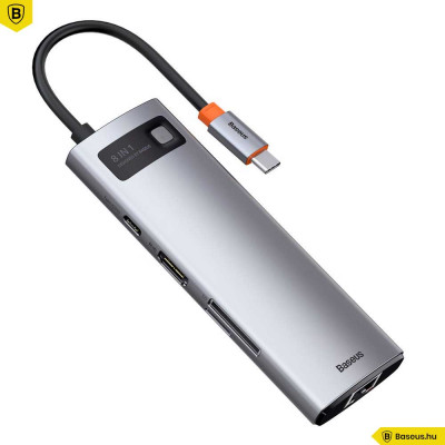 Baseus Metal Gleam 8in1 Multifunkciónális USB-C HUB - USB-C PD 100W + HDMI 4K 30Hz + 3x USB 3.2 Gen 1 + RJ45 1Gbps + SD/MicroSD kártyaolvasó - Szürke