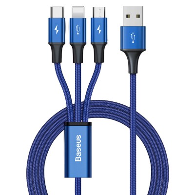 Baseus Rapid 3 az 1-ben USB - USB Type C / Lightning / micro-USB töltő és adatkábel, 1.2m, kék