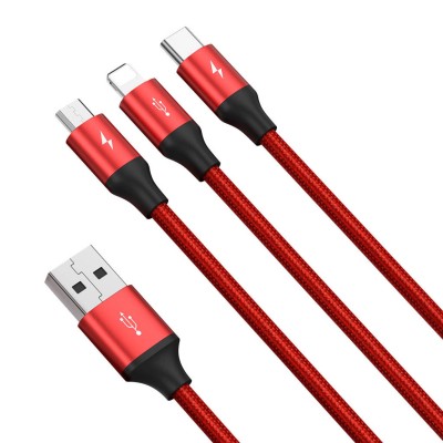 Baseus Rapid 3 az 1-ben USB - USB-C / Lightning / micro-USB töltő és adatkábel, 3.5A, 1.2m, piros