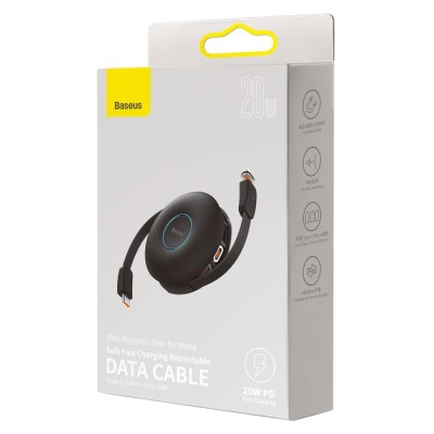 Baseus Zinc 3 az 1-ben mágneses visszahúzható kábel szett USB-C - micro USB / USB-C / Lightning, 20W, 1m fekete