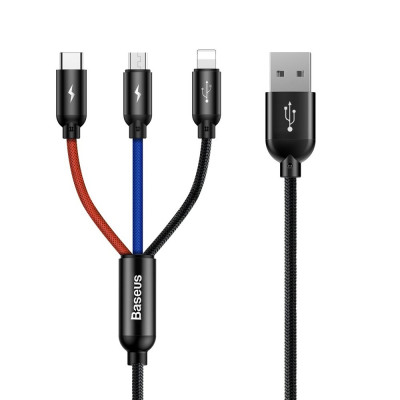 Baseus 3 az 1-ben USB-C / Lightning / Micro 3A 1,2 m-es USB-kábel, fekete