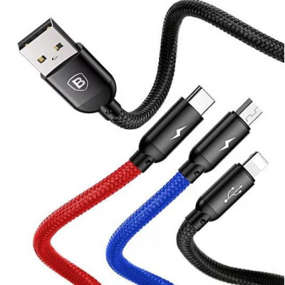 Baseus 3 az 1-ben USB-C / Lightning / Micro 3A 1,2 m-es USB-kábel, fekete