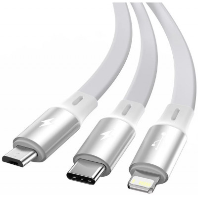 Baseus Bright Mirror behúzható USB 3 az 1-ben kábel, mikro USB / Lightning / USB-C, lapos, 3,5 A, 1,2 m, fehér