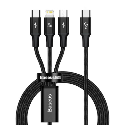 Baseus Rapid Series USB-C 3 az 1-ben kábel, Mikro USB / Lightning / USB-C, 20 W, 1,5 m, fekete