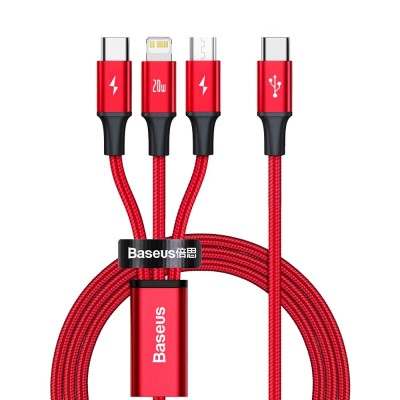 Baseus Rapid Series USB-C 3 az 1-ben kábel, mikro USB / Lightning / USB-C, 20 W, 1,5 m (piros)