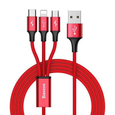 Baseus Rapid 3 az 1-ben C típusú USB-kábel / Lightning / Micro 3A 1,2 m, piros