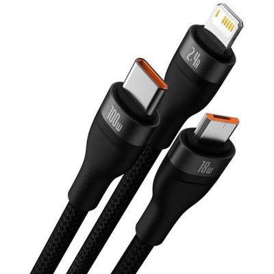 Baseus Flash series 3 az 1-ben USB kábel, USB-C / micro USB / Lightning, 100W, 1.2m, fekete
