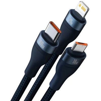 Baseus Flash Series 2 3 az 1-ben USB-kábel, USB-C + micro USB + Lightning, 100W, 1.2m (kék)