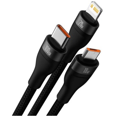 Baseus Flash Series 2 3 az 1-ben USB-C kábel, USB-C + micro USB + Lightning, 100W, 1.5m (fekete)