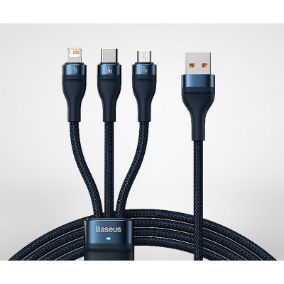 Baseus Flash 3 az 1-ben USB töltőkábel, USB-C + Micro USB + Lightning 66W, 1.2m (kék)