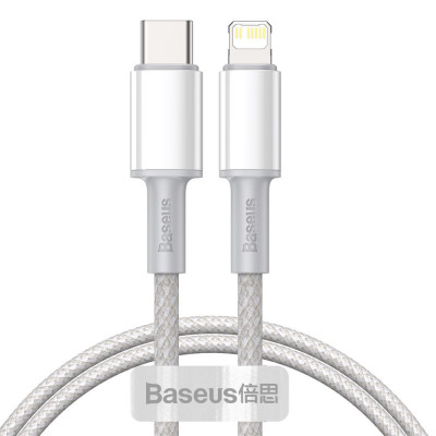 Baseus USB-C, nagy sűrűségű fonott kábel, Lightning, 20 W, 5 A, PD, 1 m, fehér
