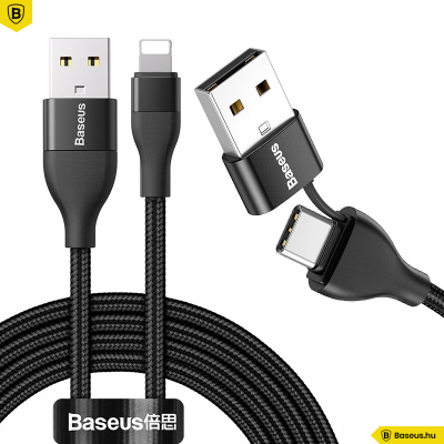 Baseus USB / USB-C PD 18W / Lightning 2A adat/töltő kábel 1m - Fekete
