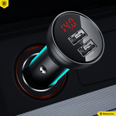 Baseus autós töltő 2USB 4.8A 24W LCD kijelzővel - Szürke