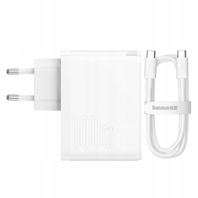 Baseus GaN5 Pro USB-C + USB hálózati töltő, 100W + 1m USB-C kábel (fehér)