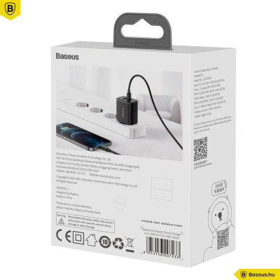 Baseus Compact hálózati töltő USB Type-C / USB-A 20W 3A QC3.0 - Fekete