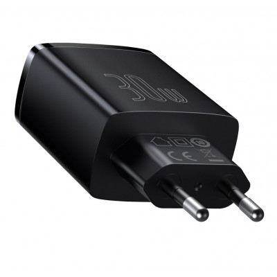 Baseus kompakt gyorstöltő, 2xUSB, USB-C, PD, 3A, 30 W, fekete