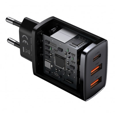 Baseus kompakt gyorstöltő, 2xUSB, USB-C, PD, 3A, 30 W, fekete