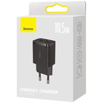 Baseus Compact töltő Quick Charger, 2x USB, 10.5W, fekete