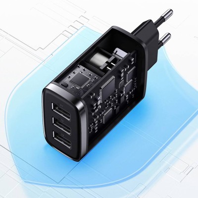 Baseus kompakt gyorstöltő, hálózati töltő, 3x USB, 17W (fekete)