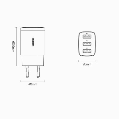 Baseus kompakt gyorstöltő, hálózati töltő, 3x USB, 17W (fehér)