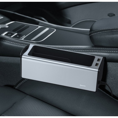 Baseus Deluxe fém autós rendszerező pohártartóval, 2x USB töltővel, ezüst