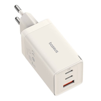 Baseus GaN5 hálózati- fali gyorstöltő, 2x USB-C + USB, 65W + USB-C kábel, 1m (fehér)