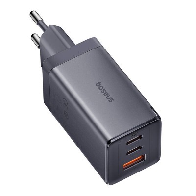Baseus GaN5 hálózati- fali gyorstöltő, 2x USB-C + USB, 65W + USB-C kábel, 1m (szürke)