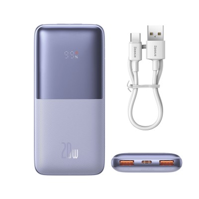 Baseus Bipow Pro Powerbank 10000mAh, 2xUSB, USB-C, 20W + USB-USB-C kábel (lila)