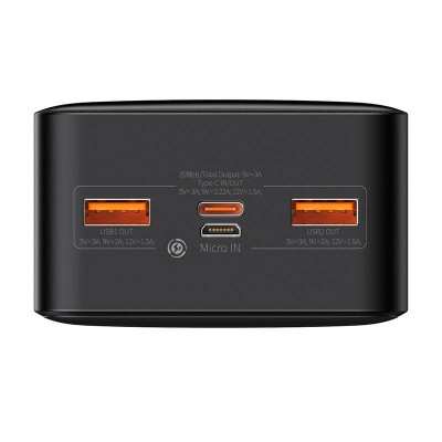 Baseus Bipow Powerbank, 30000mAh, 2xUSB, USB-C, Micro USB, 20W (fekete)