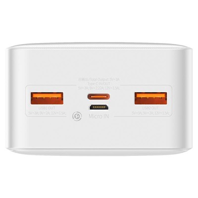 Baseus Bipow Powerbank, 30000mAh, 2xUSB, USB-C, Micro USB, 20W (fehér)