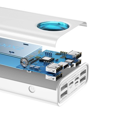 Baseus Amblight Powerbank 7 az 1-ben, 4xUSB, USB-C PD, micro USB, Lightning, 30000mAh 65W, Overseas Edition, + USB-C kábel, fehér