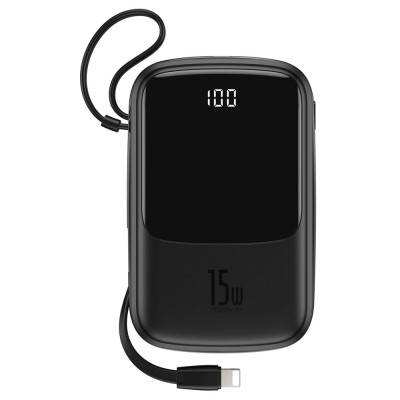 Baseus Qpow Powerbank Lightning kábellel, USB-C, 2xUSB, 10000mAh, 15W (fekete)