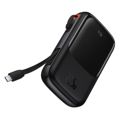 Baseus Qpow Pro Powerbank USB-C kábellel, USB-C, USB, 10000mAh, 22.5W (fekete)