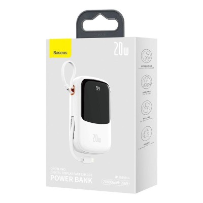 Baseus Q pow powerbank 20000mAh 20W PD 3.0 QC 3.0 USB - USB-C, integrált Lightning kábellel, fehér