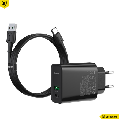 Baseus hálózati gyorstöltő USB/USB-C PPS QC4.0 30W VOOC - USB-C kábellel 1m 5A - Fekete