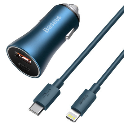 Baseus Golden Contactor Pro autós töltő, USB + USB-C, QC4.0 +, PD, SCP, 40 W, kék + USB-C - Lightning kábel 1 m, kék