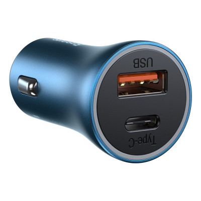 Baseus Golden Contactor Pro autós töltő, USB + USB-C, QC4.0 +, PD, SCP, 40 W, kék + USB-C - Lightning kábel 1 m, kék