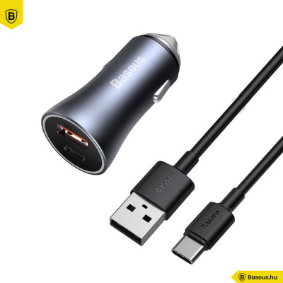 Baseus Golden Contactor Pro autós töltő, USB + USB-C, QC4.0 +, PD, SCP, 40W szürke + USB-USB-C kábel 1m - Fekete
