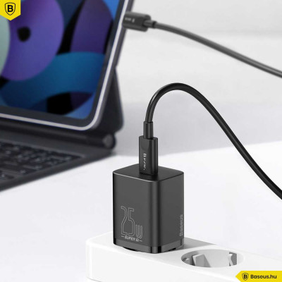Baseus Super Si USB-C hálózati gyorstöltő 25W USB-C/USB-C kábellel - Fekete
