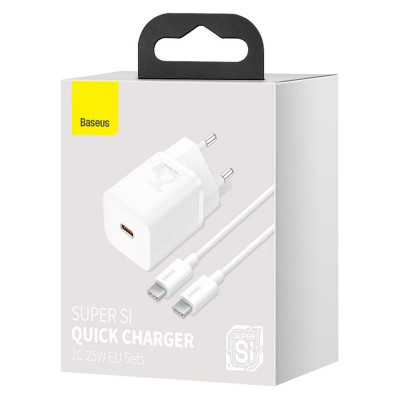 Baseus Super Si gyorstöltő 1C 25W adapter USB-C-USB-C, 1 m-es kábellel, fehér