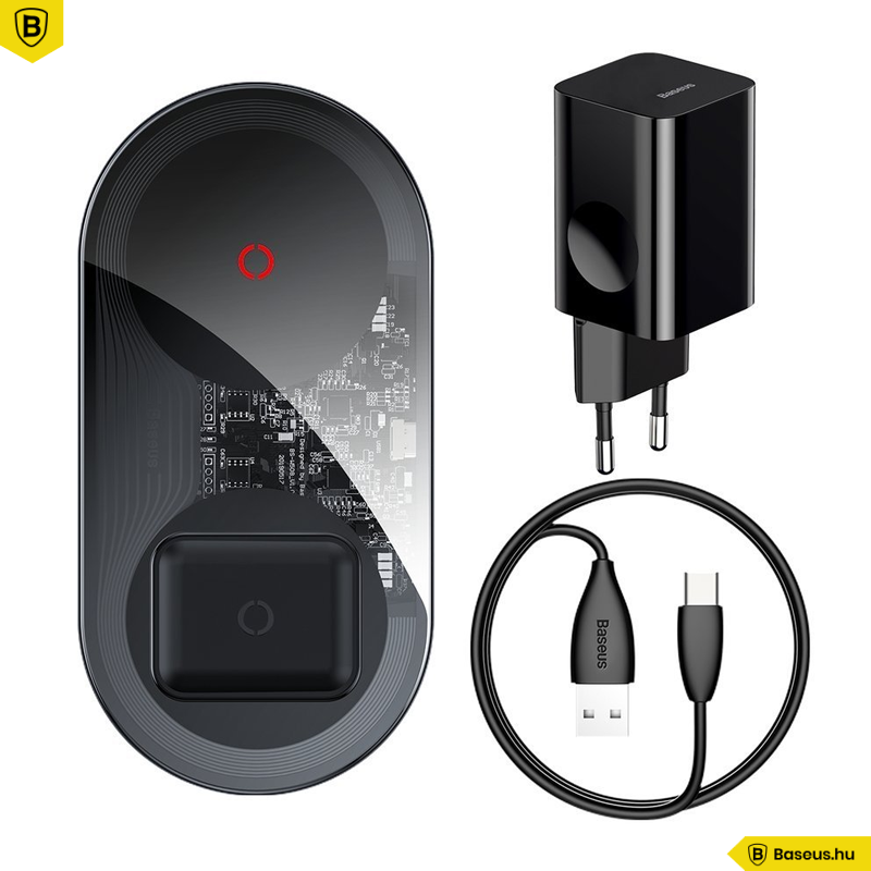 Baseus Simple 2in1 vezeték nélküli Qi töltő okostelefonokhoz és AirPods-hoz + fali töltő - Fekete